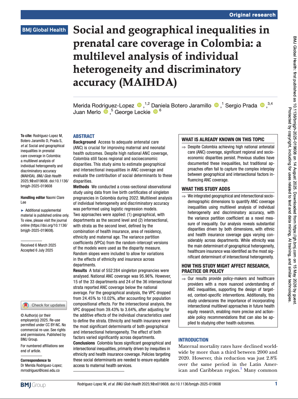 Social and geographical inequalities in prenatal care coverage in Colombia: