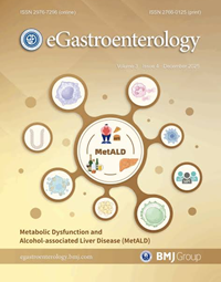 Cover of eGastroenterology: central MetALD diagram about metabolic dysfunction and alcohol-associated liver disease, with circular icons around and BMJ Group logo to the bottom right.