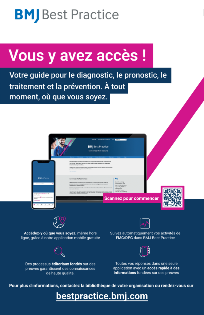 BMJ Best Practice poster – FR - BMJ Group - BMJ Group BMJ Best Practice poster: pink banner reads 'Vous y avez accès!' over dark blue text block, with a tablet and smartphone showing the BMJ Best Practice site and a QR code with 'Scannez pour commencer' nearby.