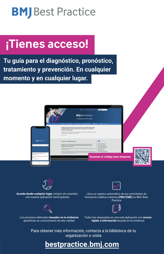 Promotional banner for BMJ Best Practice in Spanish reading '¡Tienes acceso!' with devices (phone and tablet) and a QR code.