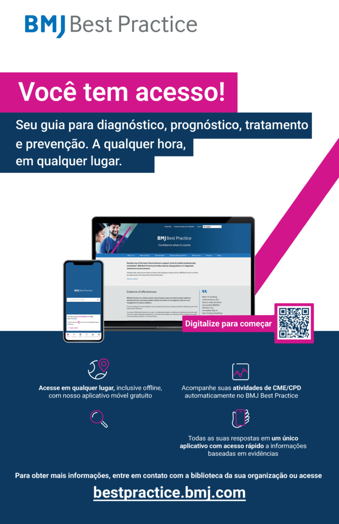 Promo banner for BMJ Best Practice in Portuguese announcing access, with pink and dark blue text blocks and a devices mockup (phone, tablet/laptop) and a QR code on the right edge.