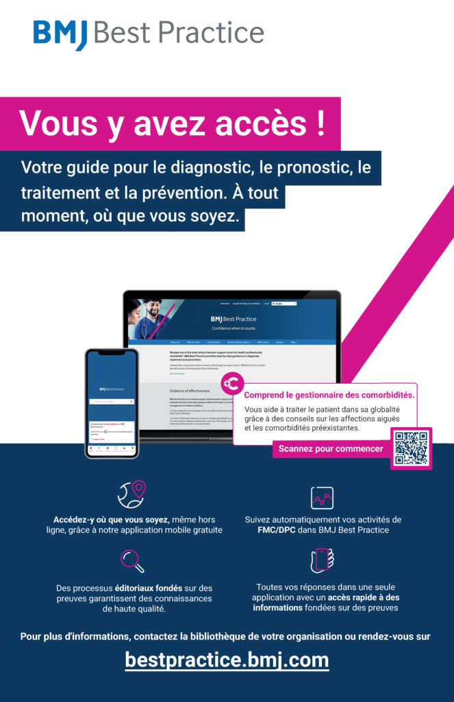 BMJ Best Practice with Comorbidities Manager poster – FR - BMJ Group - BMJ Group BMJ Best Practice marketing poster in French announcing access to a diagnostic prevention guide for clinicians (Vous y avez accès!).