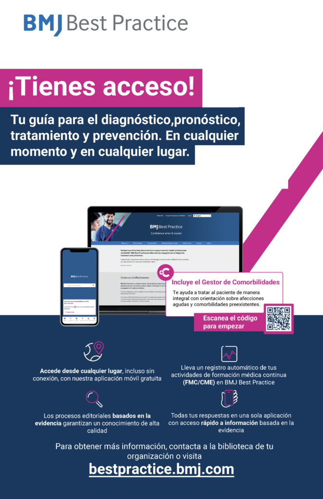 Promo image for BMJ Best Practice in Spanish: '¡Tienes acceso!' with blue and pink banners, devices showing the site, and a QR code.