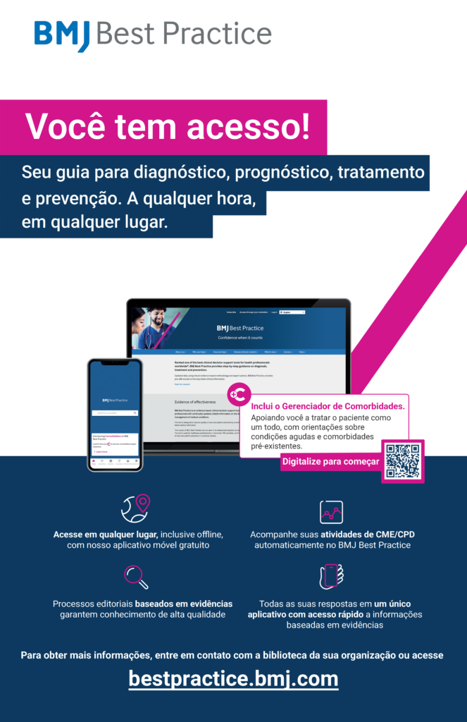 Promo banner for BMJ Best Practice in Portuguese: 'Você tem acesso!' with blue and pink blocks and devices displayed, inviting access to the service.