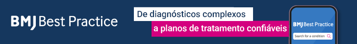 BMJ Best Practice banner: logo on the left, a white badge reading 'De diagnósticos complejos' and a magenta ribbon 'a planes de tratamiento confiables', plus a right-side smartphone mockup with search.