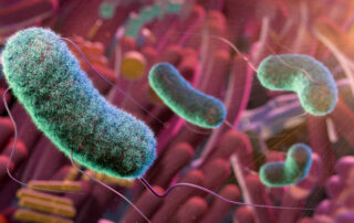 Color-enhanced close-up of rod-shaped bacteria with long flagella, shown in a vibrant abstract background.