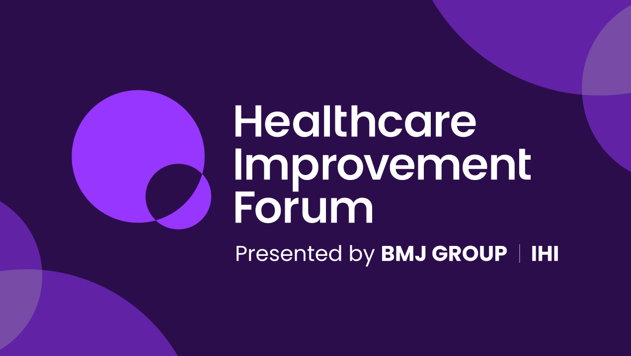 Healthcare Improvement Forum title on a dark purple background with overlapping purple circles.