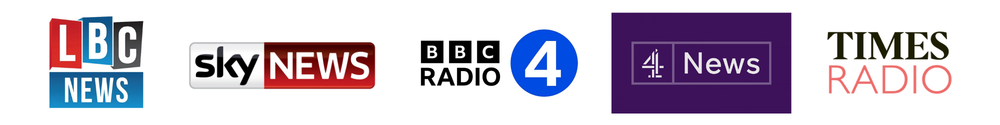 Logos: LBC News, Sky News, BBC radio 4, Channel 4 News, Times Radio