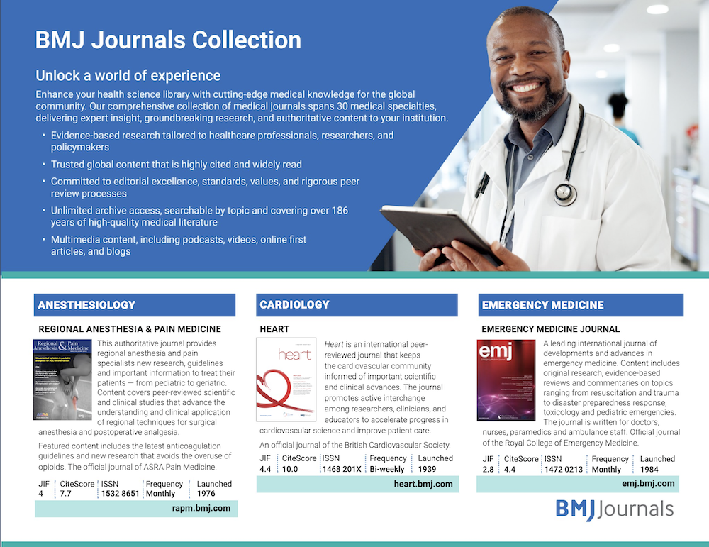 BMJ Journals Collection banner with a smiling doctor holding a tablet on the right and a blue information panel on the left listing benefits, plus three journal cards for Anesthesiology, Cardiology, and Emergency Medicine.