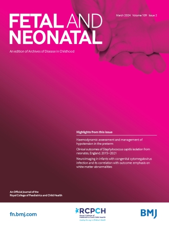 Cover of Fetal and Neonatal journal, March 2024, Volume 109, issue 2, with a pink gradient background, white title, a Highlights list, and BMJ/Royal College of Paediatrics and Child Health logos at the bottom.