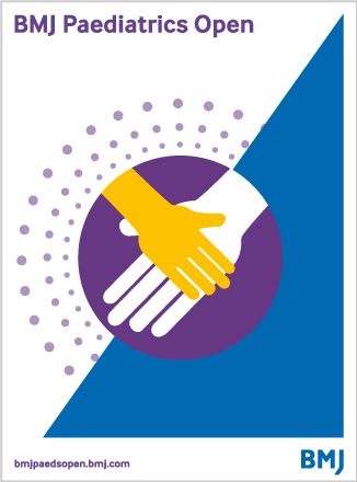 Poster titled BMJ Paediatrics Open featuring a handshake emblem inside a purple circle, with a dotted arc and a blue diagonal triangle.