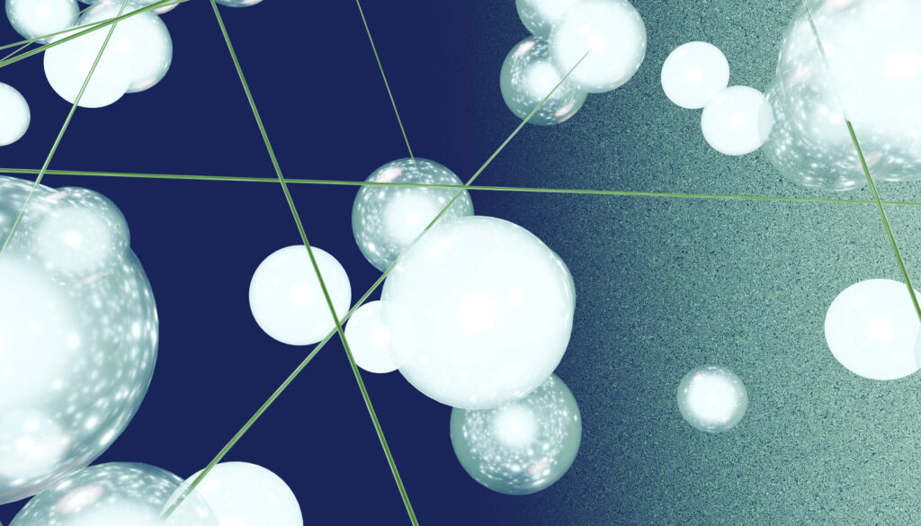 Abstract digital art: pale teal spheres connected by green lines against a dark blue and teal textured background.