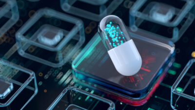 Capsule sign on abstract background. AI - Artificial Intelligence. AI in medicine technology. Digital transformation and data. Ai powered Medical Discovery. Machine Learning Concepts. - stock photo Digital background depicting innovative technologies in (AI) artificial systems, neural interfaces and internet machine learning technologies