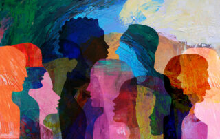 Overlapping, multicolored human silhouettes facing different directions in an abstract art composition, symbolizing community diversity.