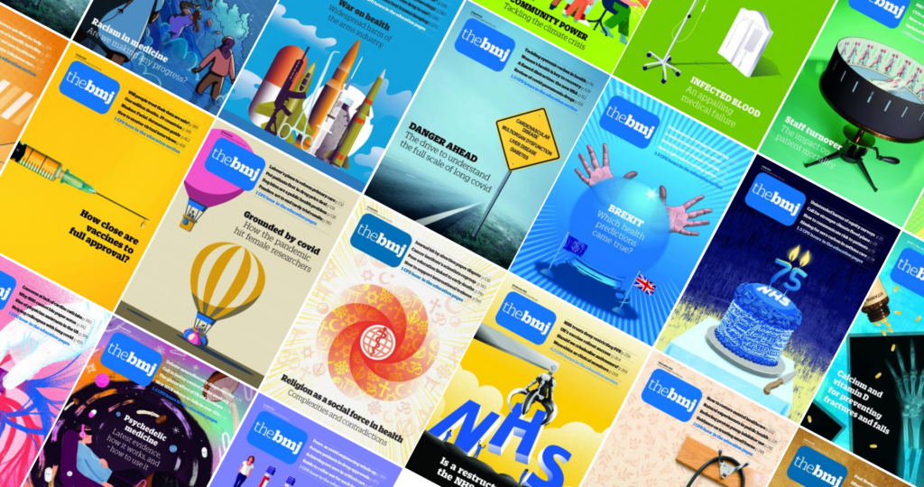 Collage of BMJ magazine covers showing various health topics and medical graphics in bright colors.