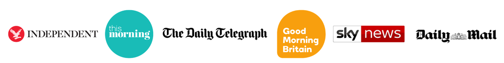 Row of media logos: Independent, This Morning, The Daily Telegraph, Good Morning Britain, Sky News, and Daily Mail.
