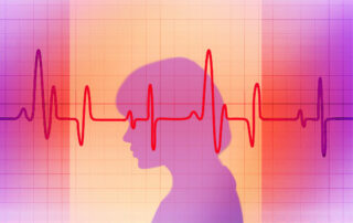 Silhouette of a woman with heartbeat graph in vibrant colors representing health and technology - stock illustration