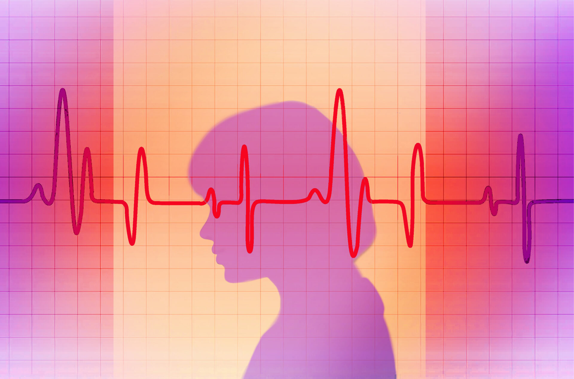 Silhouette of a woman with heartbeat graph in vibrant colors representing health and technology - stock illustration